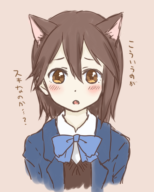 1girl :&lt; animal_ear_fluff animal_ears blazer blouse blue_bow blue_bowtie blush bow bowtie brown_background brown_eyes brown_hair cat_ears commentary cropped_torso embarrassed extra_ears fang inaba_himeko jacket kemonomimi_mode kokoro_connect kuroeri_(primelo) looking_at_viewer open_mouth raised_eyebrows school_uniform shirt simple_background solo translated upper_body white_shirt worried