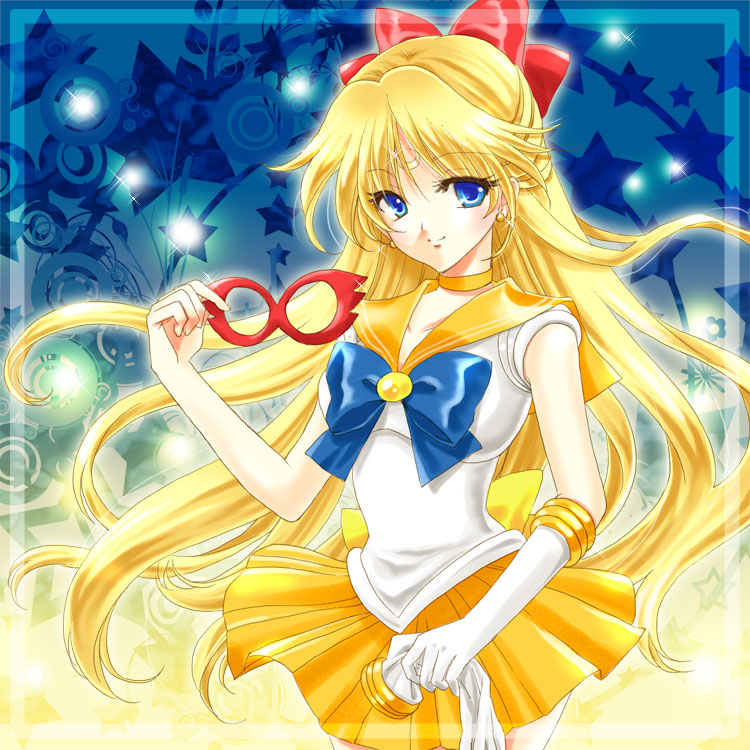 1girl aino_minako bishoujo_senshi_sailor_moon blonde_hair blue_background blue_eyes bow brooch choker crescent elbow_gloves facial_mark female_focus forehead_mark gloves gradient_background hair_bow half_updo jewelry long_hair magical_girl mask orange_skirt pleated_skirt red_bow ribbon sailor_collar sailor_v sailor_venus shirataki_kaiseki single_glove skirt smile solo white_gloves yellow_background