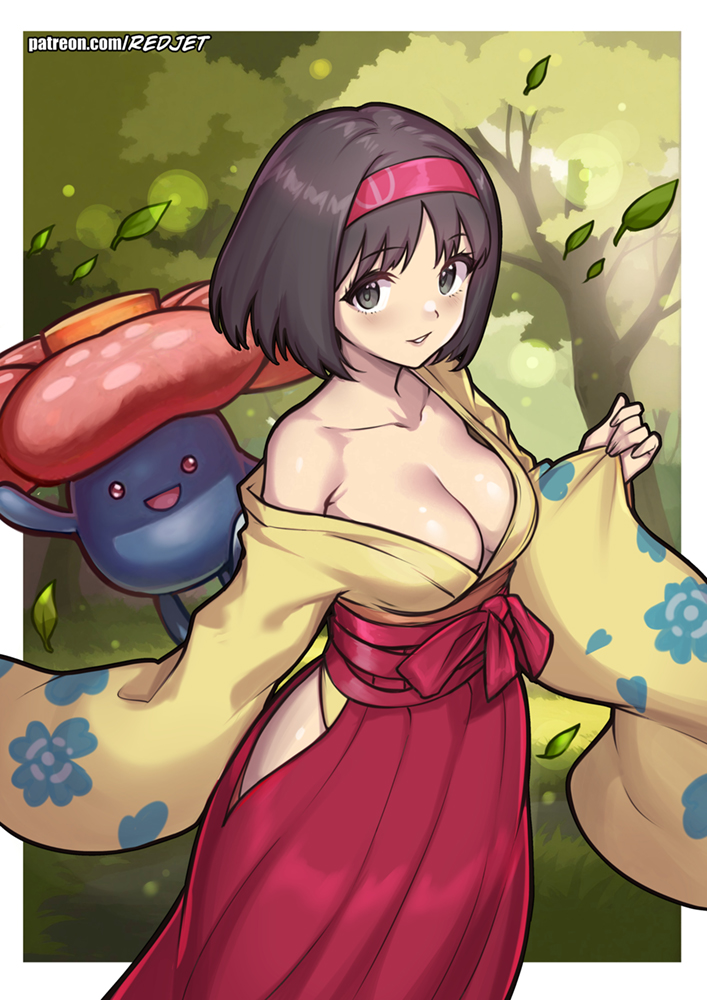 1girl breasts brown_hair creatures_(company) erika_(pokemon) game_freak gen_1_pokemon grey_eyes hairband hakama hip_vent japanese_clothes kimono leaf medium_breasts nintendo pokemon pokemon_(creature) red_hairband red_hakama redjet short_hair tree vileplume yellow_kimono