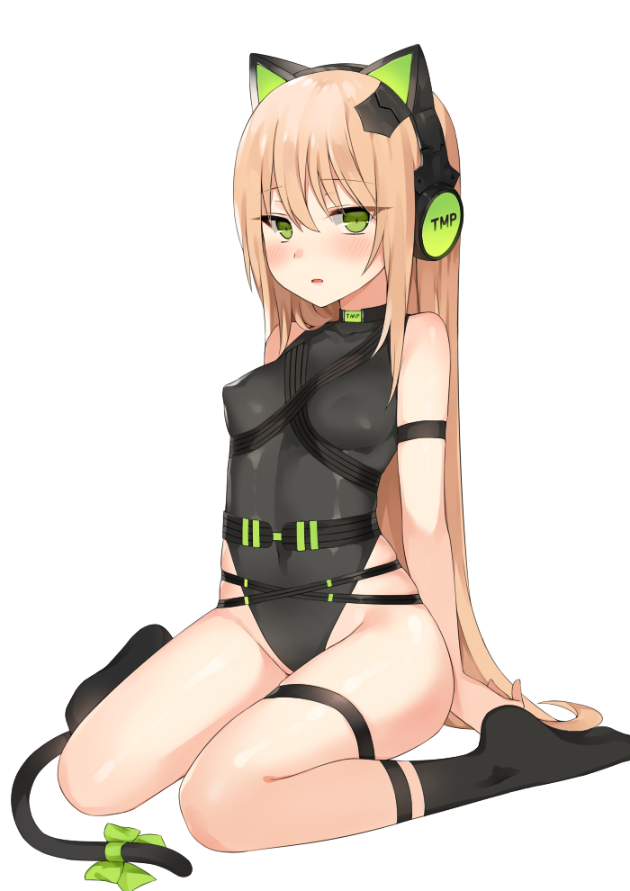 1girl animal_ear_headphones animal_ears bad_id bad_pixiv_id bare_shoulders black_choker black_leotard black_socks blush breasts canape_(canape0130) cat_ear_headphones cat_ears cat_girl cat_tail character_name choker covered_collarbone covered_erect_nipples covered_navel fake_animal_ears full_body girls&#039;_frontline green_eyes groin hair_between_eyes headphones highleg highleg_leotard leotard light_brown_hair long_hair looking_at_viewer no_shoes parted_lips simple_background sitting skindentation small_breasts socks solo sweat tail thigh_strap tmp_(girls&#039;_frontline) very_long_hair wariza white_background