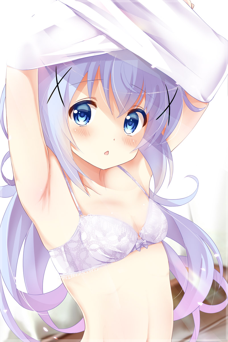 1girl aoi_kanan armpits arms_up bare_shoulders blue_eyes blue_hair blurry blurry_background blush bow bow_bra bra chestnut_mouth collarbone commentary_request depth_of_field gochuumon_wa_usagi_desu_ka? hair_between_eyes highres indoors kafuu_chino long_hair looking_at_viewer navel parted_lips purple_bra shirt solo underwear undressing upper_body very_long_hair white_shirt wooden_floor