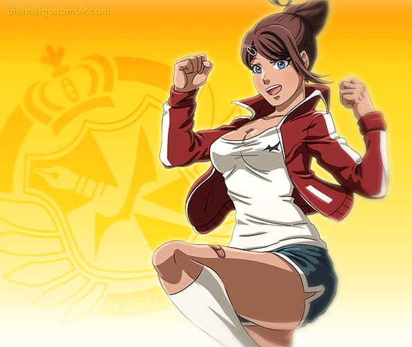 10s 1girl :d asahina_aoi bandaid blue_eyes breasts brown_hair cleavage clenched_hands danganronpa:_trigger_happy_havoc danganronpa_(series) dark_skin hair_ornament hairclip hatoko-sama jacket kneehighs medium_breasts open_mouth ponytail shorts smile socks track_jacket white_socks