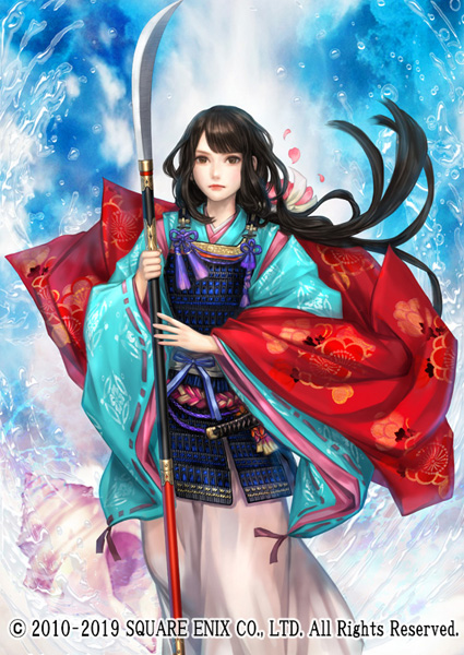 armor black_hair blue_background company_name dated holding holding_weapon japanese_clothes kageco kimono lipstick long_hair looking_at_viewer makeup naginata official_art polearm sengoku_ixa solo standing tsuruhime_(sengoku_ixa) weapon wide_sleeves