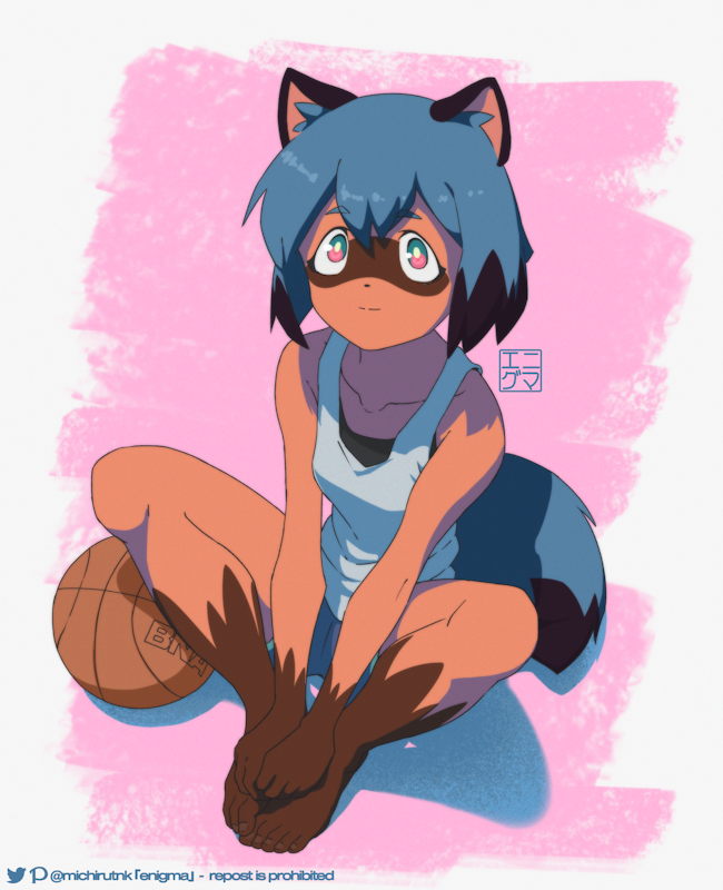 1girl animal_ears ball barefoot basketball_(object) black_hair blue_hair brand_new_animal closed_mouth furry furry_female green_eyes indian_style kagemori_michiru looking_at_viewer michirutnk multicolored_eyes multicolored_hair open_mouth raccoon_ears raccoon_girl raccoon_tail red_eyes sitting smile solo tail two-tone_hair