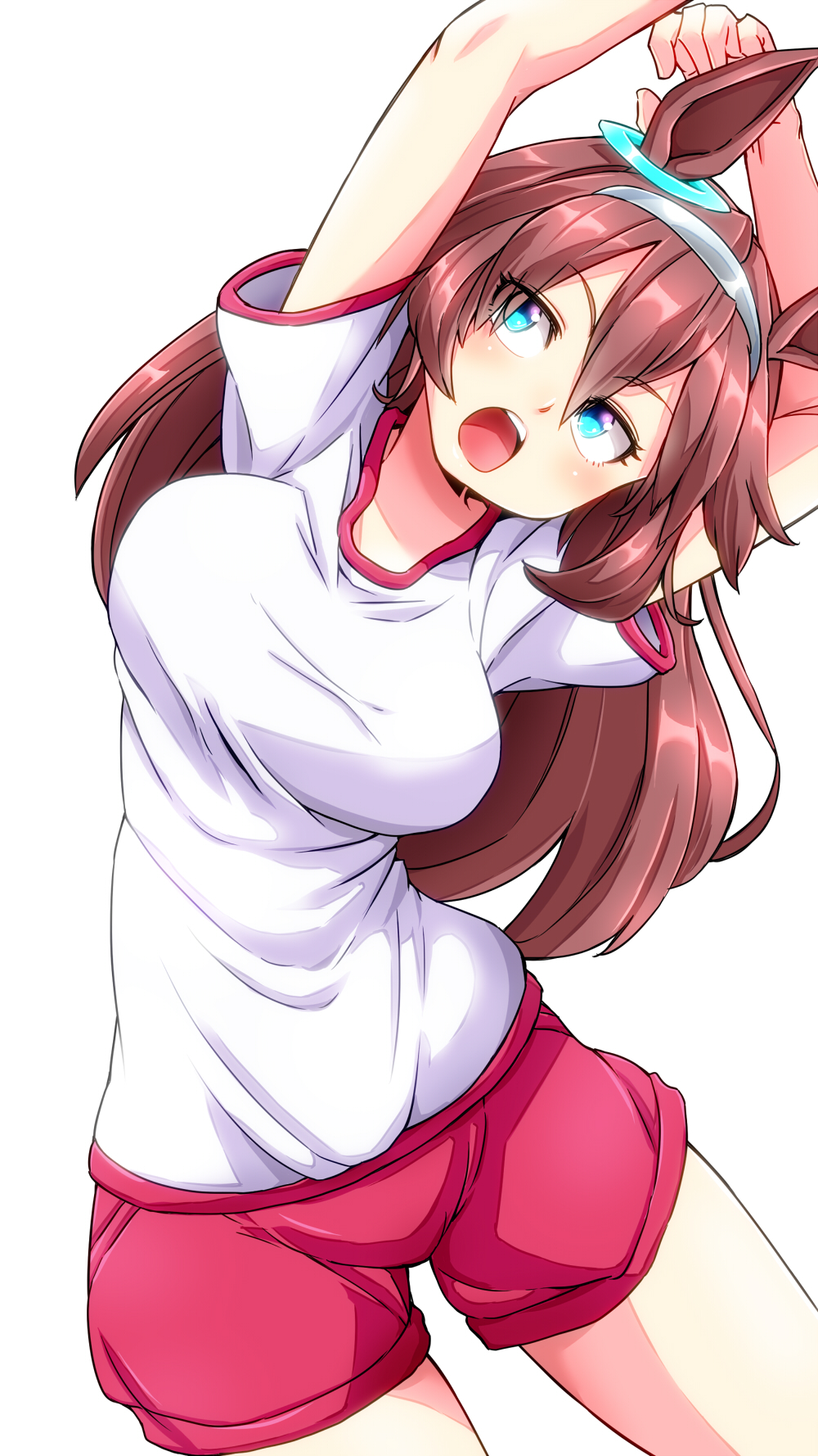 1girl animal_ears aono3 arms_up blue_eyes brown_hair commentary cowboy_shot ear_ornament grey_hairband gym_shirt gym_shorts gym_uniform hairband highres horse_ears horse_girl horse_tail leaning_to_the_side long_hair looking_at_viewer mihono_bourbon_(umamusume) open_mouth red_shorts shirt short_sleeves shorts simple_background solo standing stretching t-shirt tail umamusume white_background white_shirt