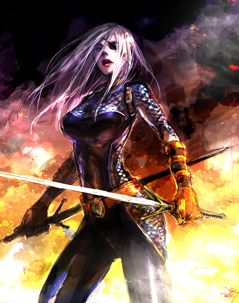 1girl 89g armor belt dc_comics dual_wielding eyepatch female_focus fire gloves holding long_hair looking_at_viewer ravager rose_wilson scale_armor smoke solo sword weapon white_hair