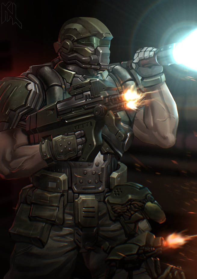 1boy 1other armor artist_logo blurry blurry_background doom_(series) doom_3 doomguy firing flashlight green_armor gun helmet holding holding_flashlight holding_gun holding_weapon logo muscular muscular_male muzzle_flash porukima pouch robot sentry_bot_(doom_3) solo_focus sparks submachine_gun weapon