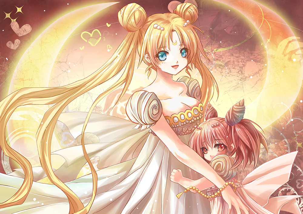 2girls bare_shoulders bishoujo_senshi_sailor_moon blonde_hair blue_eyes breasts chibi_usa cleavage cone_hair_bun crescent crescent_facial_mark double_bun dress facial_mark hair_bun hair_ornament hairpin hug kom_(water0371) large_breasts long_hair mother_and_daughter multiple_girls pink_background pink_eyes pink_hair princess_serenity short_hair shy small_lady_serenity smile strapless strapless_dress tsukino_usagi twintails very_long_hair white_dress