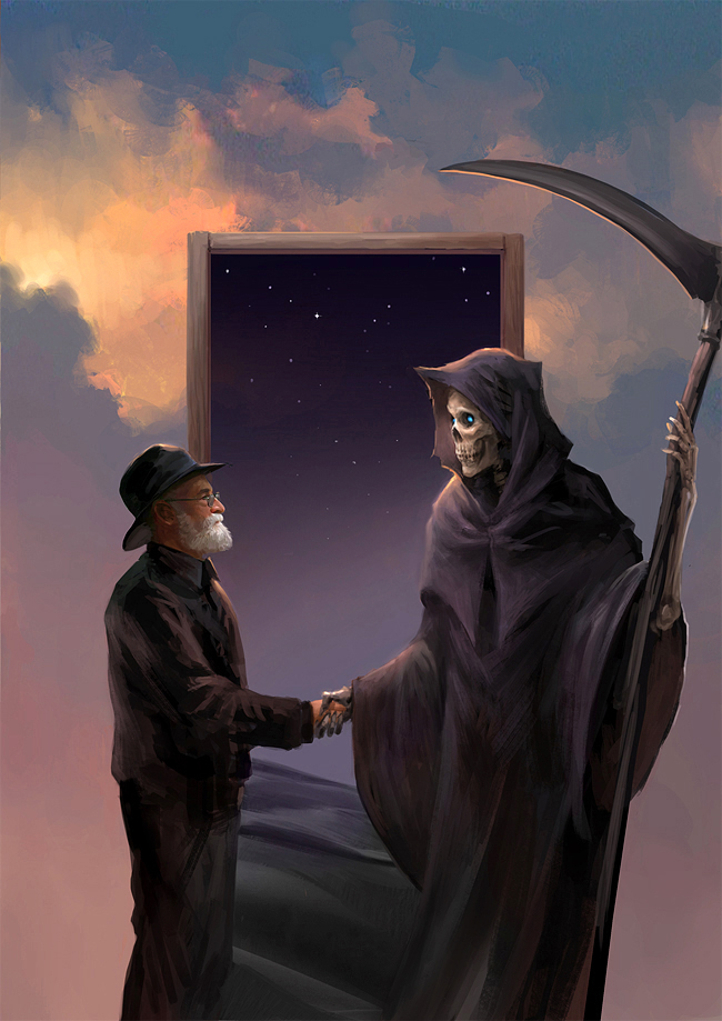 2boys beard blue_eyes cloud death_(discworld) death_(entity) desert discworld door doorway facial_hair glasses grim_reaper handshake hat hood male_focus md5_mismatch multiple_boys resized resolution_mismatch robe sand sandara scythe skeleton skull sky source_larger star_(sky) star_(symbol) starry_sky terry_pratchett weapon