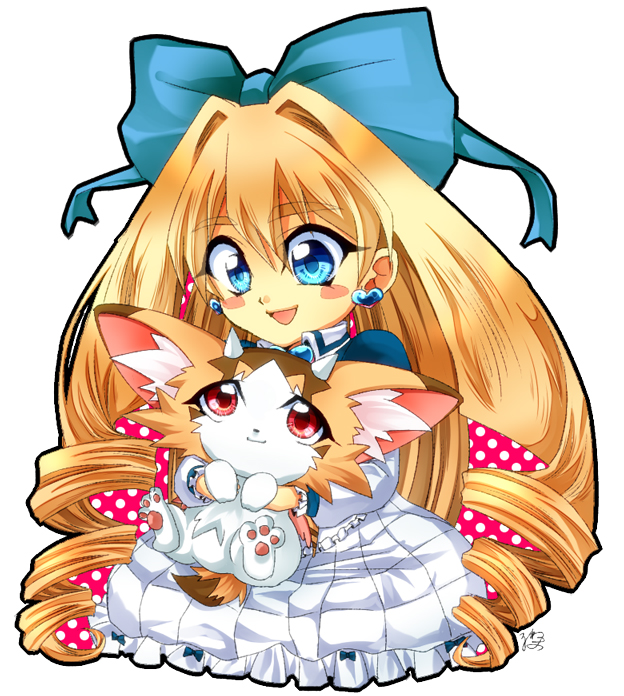 1girl :d animal_ears animal_hands aqua_eyes baby_tiragon bad_id bad_pixiv_id blonde_hair blue_eyes bow cat_ears cat_tail dress drill_hair duel_monster fang frills hair_bow horns long_hair lune_guy mini_wings open_mouth princess_cologne red_eyes ribbon smile tail wings yu-gi-oh! yu-gi-oh!_zexal yuu-gi-ou yuu-gi-ou_zexal