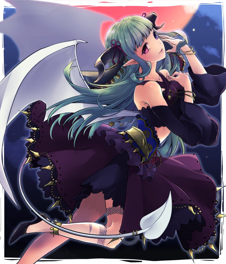 1girl ataka_takeru black_footwear black_sleeves blue_eyes blurry blurry_background bracelet demon_tail demon_wings detached_sleeves female_focus floating_hair fortune_tellers_academy from_side green_hair hair_ribbon heterochromia high_heels horns jewelry layered_skirt long_hair long_sleeves looking_at_viewer midriff parted_lips pumps purple_ribbon purple_skirt red_eyes ribbon skirt smile solo tail thigh_strap very_long_hair white_wings wings