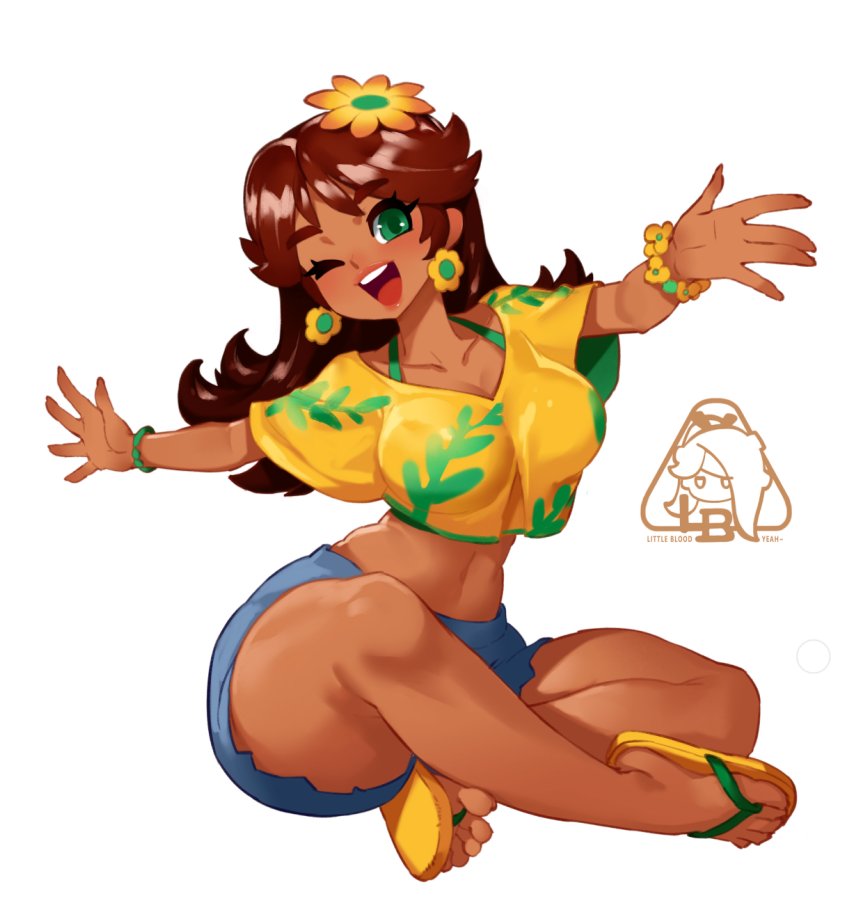 1girl alternate_costume blue_shorts blush bra_strap bracelet breasts brown_hair cleavage collarbone dark-skinned_female dark_skin denim denim_shorts earrings flip-flops flower flower_bracelet flower_earrings green_eyes hair_flower hair_ornament jewelry large_breasts leaf_print little_blood long_hair looking_at_viewer mario_(series) midriff navel nintendo one_eye_closed open_mouth princess_daisy print_shirt sandals shirt short_sleeves shorts sitting smile teeth white_background wink yellow_footwear yellow_shirt