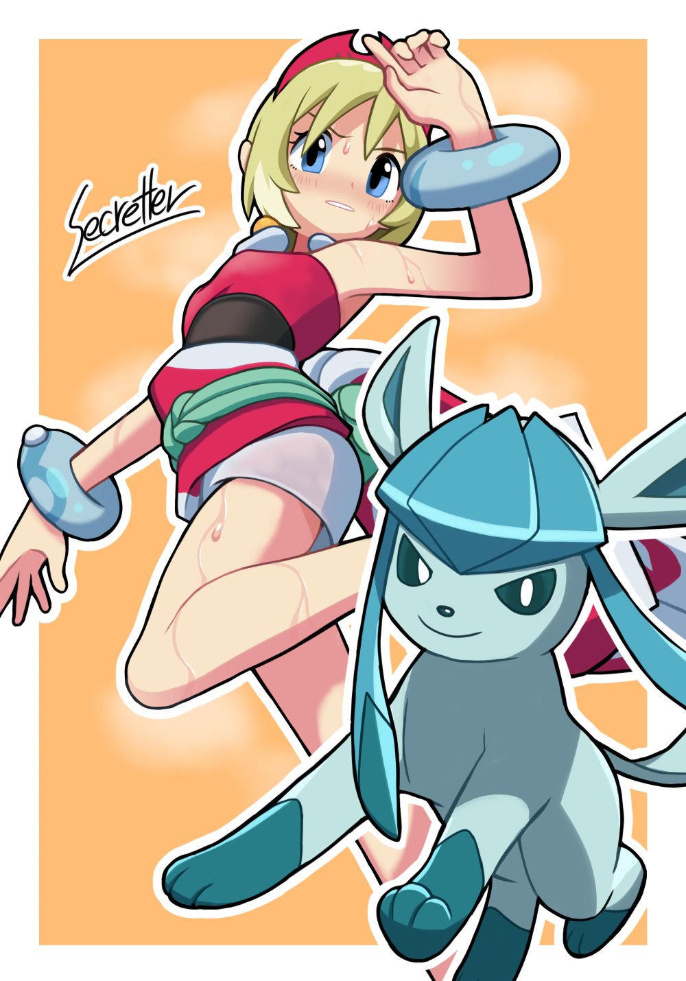 1girl blonde_hair blue_eyes border creatures_(company) game_freak gen_4_pokemon glaceon hairband highres irida_(pokemon) looking_at_viewer nintendo outline outside_border parted_lips pokemon pokemon_(creature) pokemon_legends:_arceus red_hairband red_shirt secretter shirt short_hair short_shorts shorts signature sweat white_border white_outline white_shorts