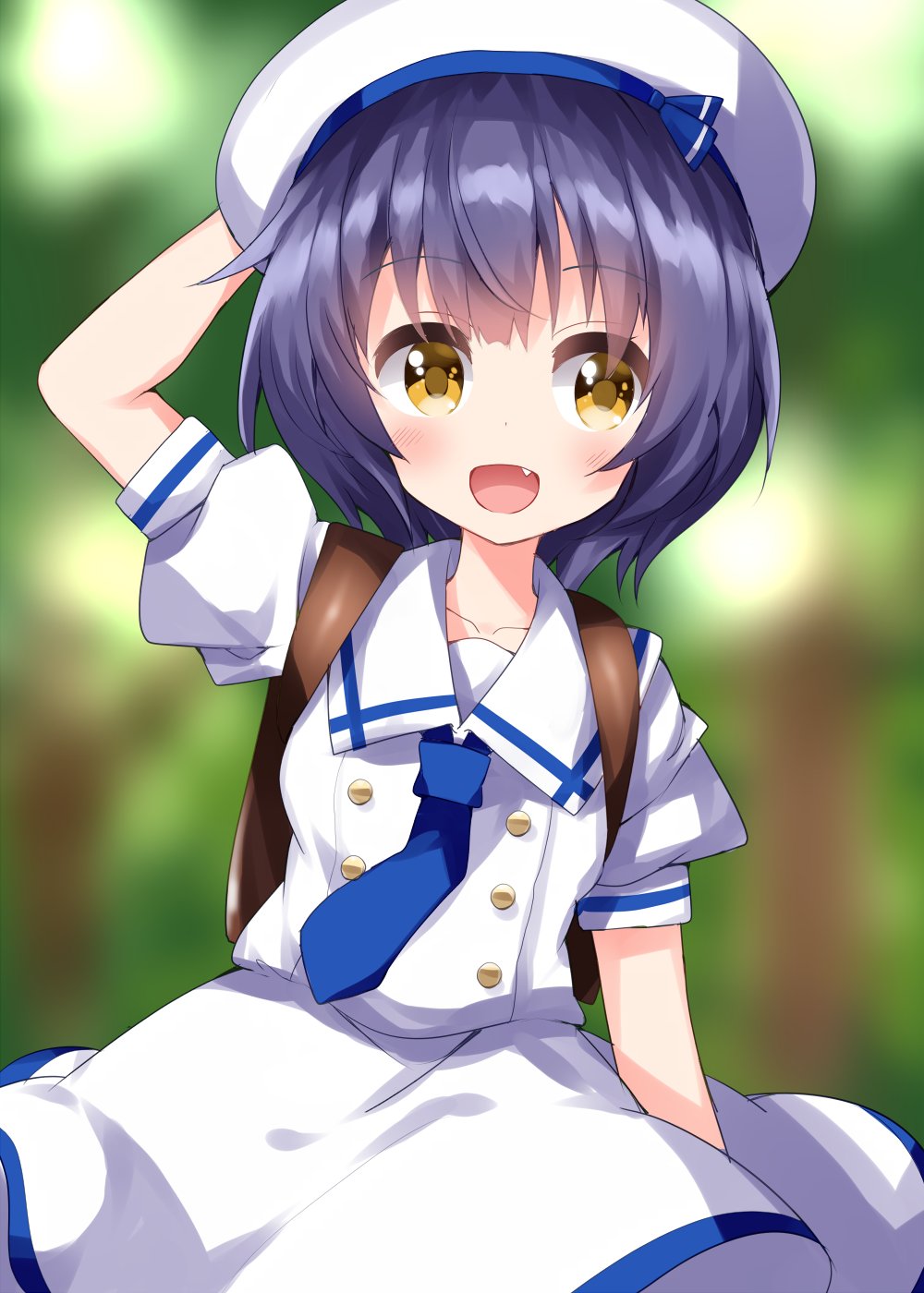 1girl :d arm_up backpack bag blue_hair blue_necktie blurry blurry_background blush brown_bag collarbone commentary_request cowboy_shot dress fang gochuumon_wa_usagi_desu_ka? hat highres jouga_maya looking_at_viewer necktie open_mouth puffy_short_sleeves puffy_sleeves ruu_(tksymkw) sailor_collar short_hair short_sleeves smile solo white_dress white_hat white_sailor_collar yellow_eyes