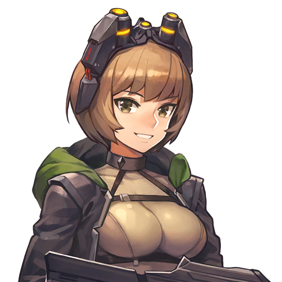 1girl assault_rifle bodysuit breasts brown_eyes brown_hair brownie_(last_origin) chest_harness chest_strap female_focus game_cg goggles goggles_on_head grin gun harness high_collar hood hood_down hooded_jacket jacket kakiman last_origin looking_at_viewer medium_breasts night-vision_device night_vision_device official_art parted_lips rifle short_hair smile teeth transparent_background upper_body weapon