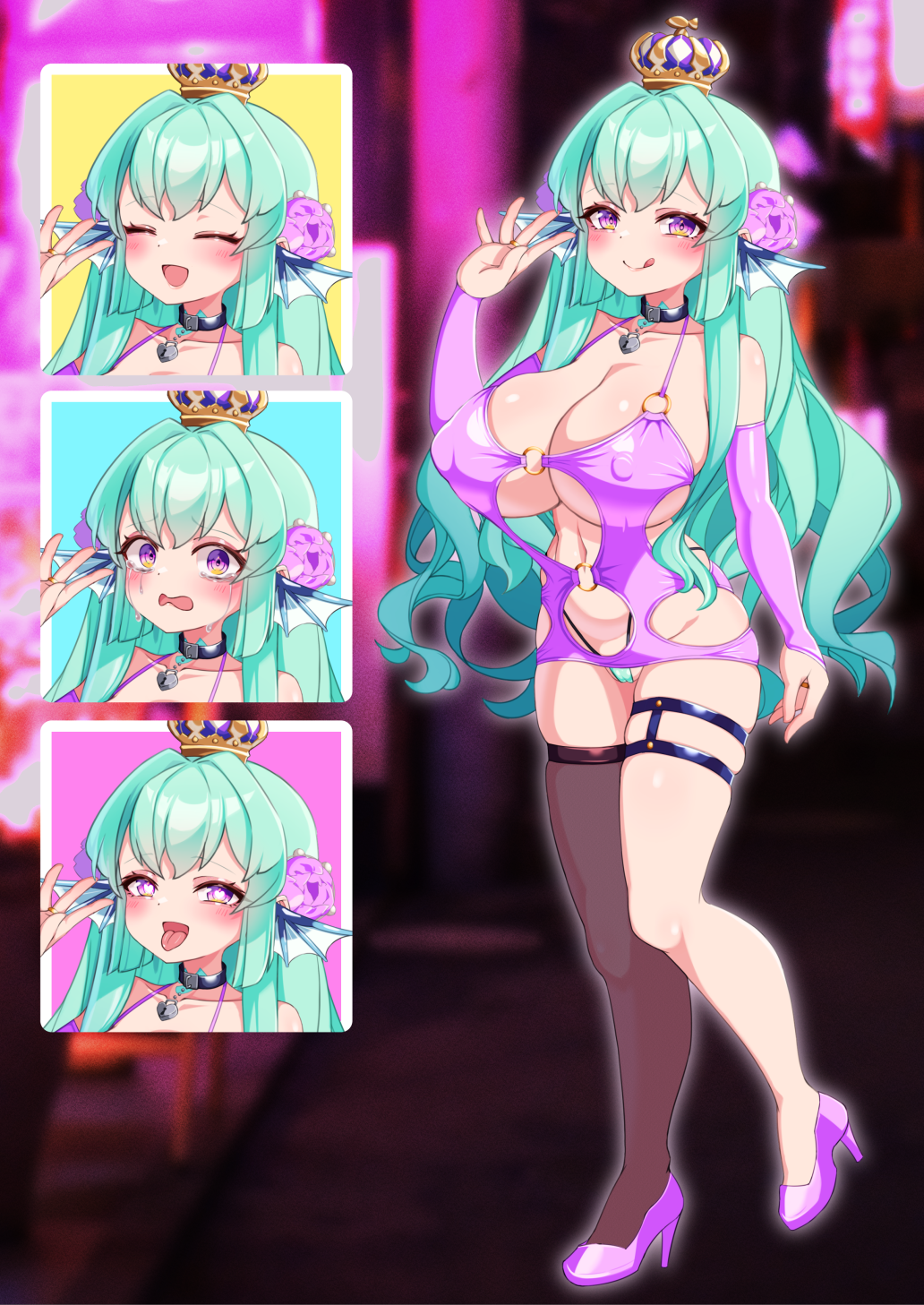 1girl :d :q ahegao alternate_breast_size bimbofication black_collar blurry blurry_background blush bodycon breasts bridal_gauntlets cameltoe closed_eyes clothing_cutout collar commission covered_erect_nipples crown crying dress elbow_gloves expressions finana_ryugu fins fish_girl flower gloves green_hair hair_flower hair_ornament head_fins heart heart-shaped_pupils high_heels highleg highleg_panties highres hip_vent large_breasts lock long_hair looking_at_viewer microdress naughty_face navel nijisanji nijisanji_en o-ring_dress open_mouth padlock padlocked_collar panties purple_dress purple_eyes purple_flower purple_footwear rolling_eyes runny_makeup shoes shortstack skeb_commission skindentation smile standing symbol-shaped_pupils tears thigh_strap tongue tongue_out underwear very_long_hair virtual_youtuber waving yomusu