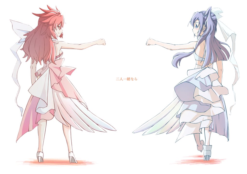 2girls amou_kanade breasts closed_mouth commentary_request dress high_heels kazanari_tsubasa long_hair looking_at_another multiple_girls red_hair senki_zesshou_symphogear simple_background smile white_background