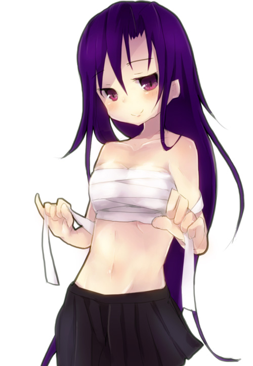 1girl bare_shoulders breasts cleavage collarbone female_focus goshiki_agiri hiyo_kotori kill_me_baby long_hair navel purple_hair red_eyes sarashi skirt solo very_long_hair