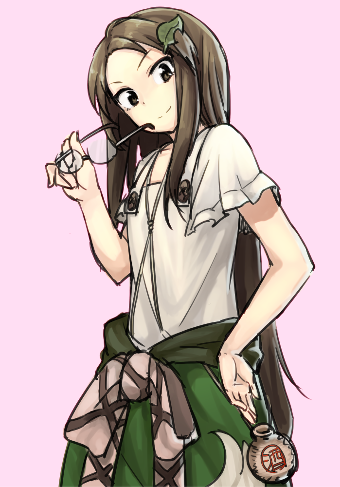 1girl brown_eyes brown_hair unworn_eyewear flat_chest futatsuiwa_mamizou futatsuiwa_mamizou_(human) glasses gourd hair_ornament hairclip hand_on_own_hip holding holding_removed_eyewear leaf leaf_hair_ornament nazunakku smile touhou