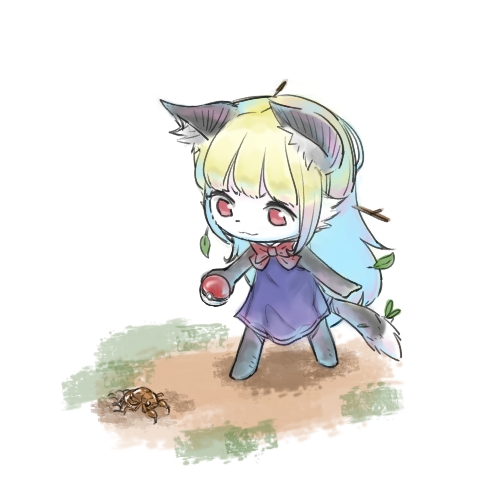 1girl :3 akuma_gaoru animal_ears blonde_hair blue_dress blue_hair bow bowtie bug centipede closed_mouth copyright_request creatures_(company) crossover dress female_focus flat_chest from_above full_body furry furry_female game_freak gradient_hair grass happy holding holding_poke_ball leaf long_hair looking_down lowres multicolored_hair nintendo outdoors poke_ball poke_ball_(basic) pokemon red_bow red_bowtie red_eyes sleeveless sleeveless_dress smile solo standing stick sunaxet tail white_background