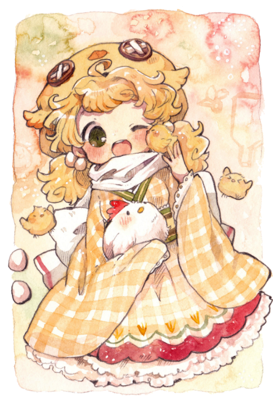 1girl animal animal_hat bird blonde_hair blush bow chick chicken chinese_zodiac egg female_focus frills gingham_dress green_eyes happy_new_year hat holding holding_animal japanese_clothes mokarooru new_year no_legs one_eye_closed open_mouth original rooster short_twintails solo twintails white_bow year_of_the_rooster