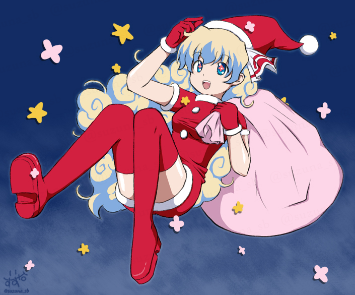 1girl :d artist_name bag boots breasts cross-shaped_pupils full_body gloves hand_up hat holding holding_bag holding_sack long_hair multicolored_hair nia_teppelin open_mouth red_footwear red_gloves sack santa_costume santa_hat small_breasts smile solo star_(symbol) suzuna_mine symbol-shaped_pupils tengen_toppa_gurren_lagann thigh_boots