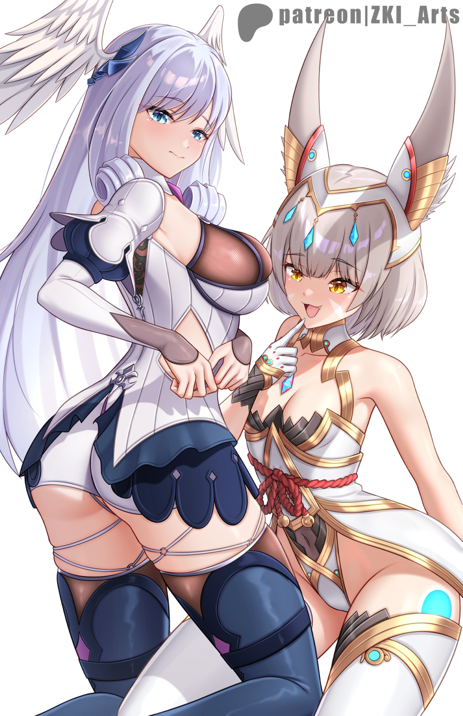 2girls animal_ears ass bare_shoulders blue_eyes blush breasts cat_ears embarrassed from_behind grey_hair head_wings kneeling leotard long_hair looking_at_viewer looking_back medium_breasts melia_antiqua multiple_girls nia_(blade)_(xenoblade) nia_(xenoblade) open_mouth short_hair sideboob smile thick_thighs thighhighs thighs white_hair wings xenoblade_chronicles_(series) xenoblade_chronicles_1 xenoblade_chronicles_2 xenoblade_chronicles_3 yellow_eyes z-ki