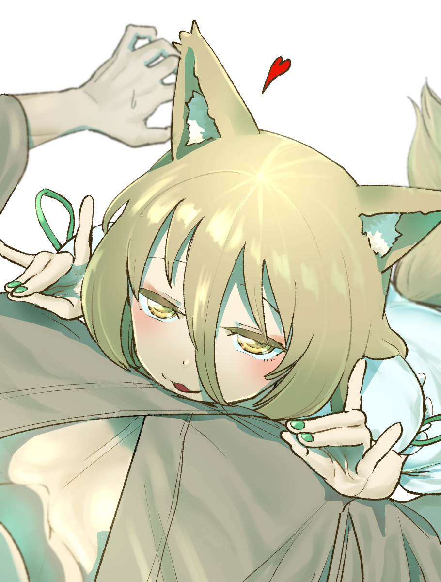 1boy 1girl animal_ear_fluff animal_ears blonde_hair blurry blush commentary depth_of_field double_fox_shadow_puppet fingernails fox_ears fox_shadow_puppet fox_tail from_above green_nails hair_between_eyes half-closed_eyes heart highres jewelry kudamaki_tsukasa long_fingernails looking_at_viewer nail_polish nekobatake pink_nails pov red_nails ring solo_focus tail touhou under_covers yellow_eyes