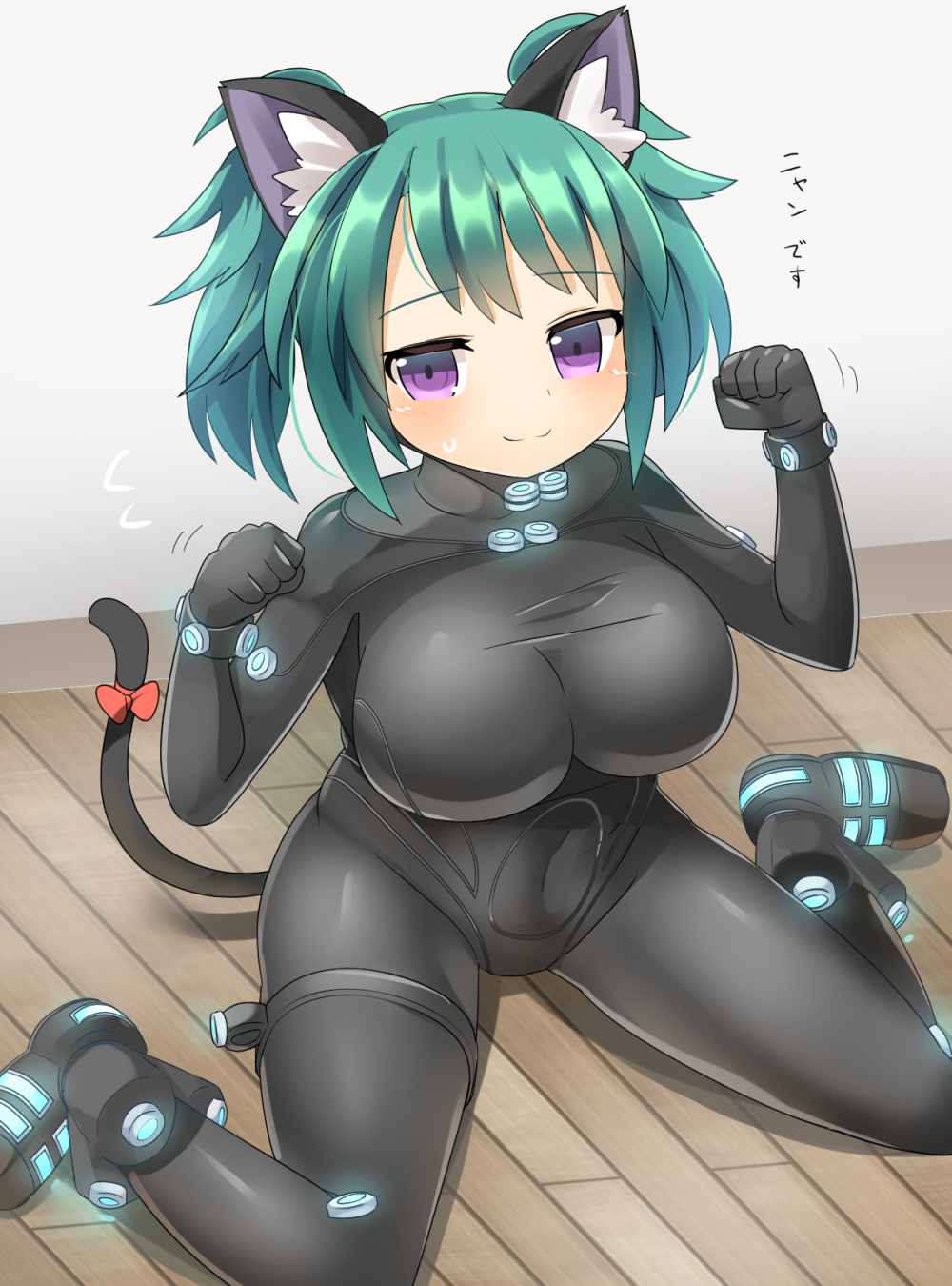 1girl animal_ear_fluff animal_ears bashou_(senran_kagura) black_bodysuit blush bodysuit bow breasts cat_ears cat_girl cat_tail closed_mouth commentary_request full_body gantz green_hair highres large_breasts lets0020 looking_at_viewer on_floor paw_pose purple_eyes red_bow senran_kagura short_hair sitting smile solo tail tail_bow tail_ornament translation_request two_side_up wariza