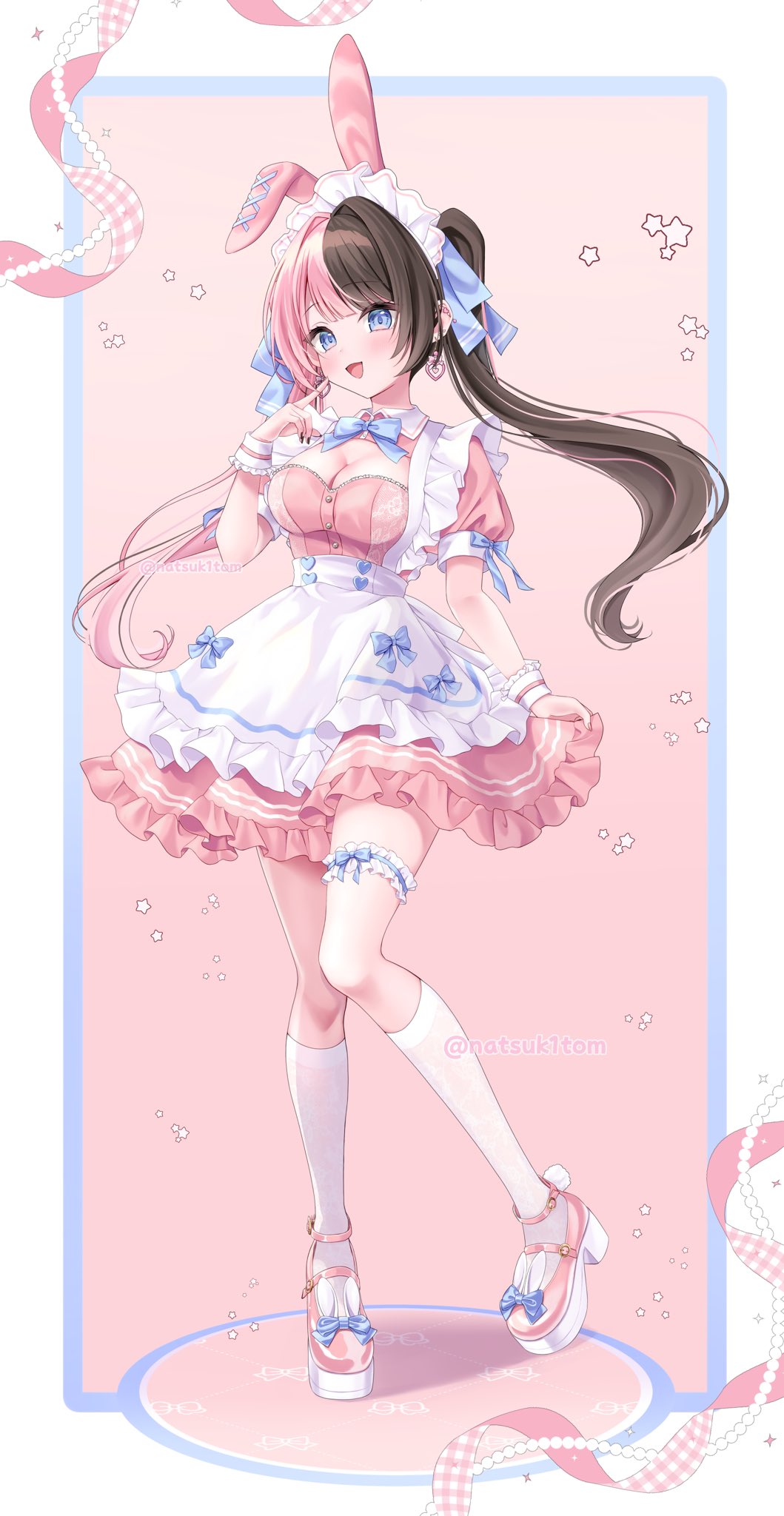 1girl animal_ears black_hair blue_bow blue_eyes bow breasts bridal_garter cleavage dress fake_animal_ears finger_to_cheek floating_hair full_body hand_up highres kneehighs long_hair multicolored_hair natsuk1tom open_mouth pink_dress pink_footwear pink_hair rabbit_ears short_sleeves smile socks solo standing tachibana_hinano_(vtuber) twintails two-tone_hair virtual_youtuber vspo! white_socks