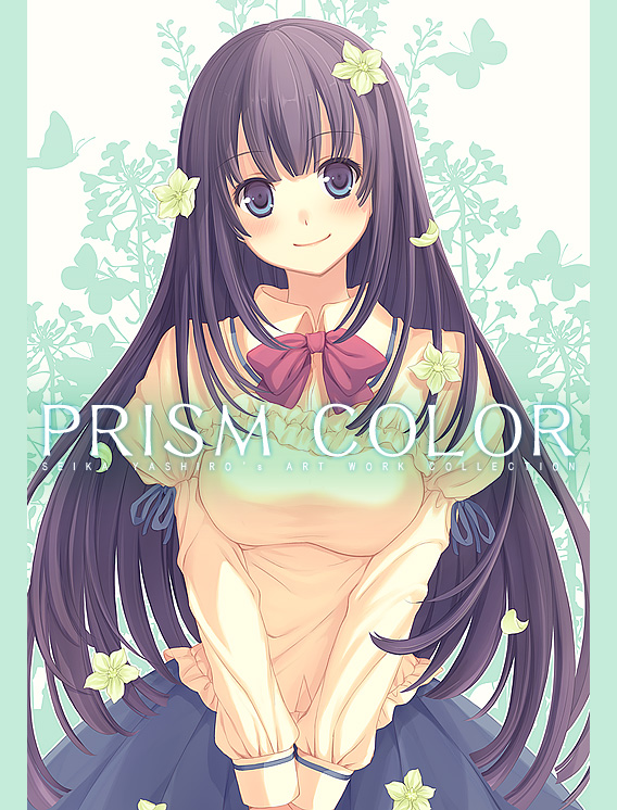 1girl bad_id bad_pixiv_id black_hair blue_eyes blush bow breasts cover cover_page female_focus flower hair_flower hair_ornament head_tilt long_hair school_uniform smile solo yashiro_seika