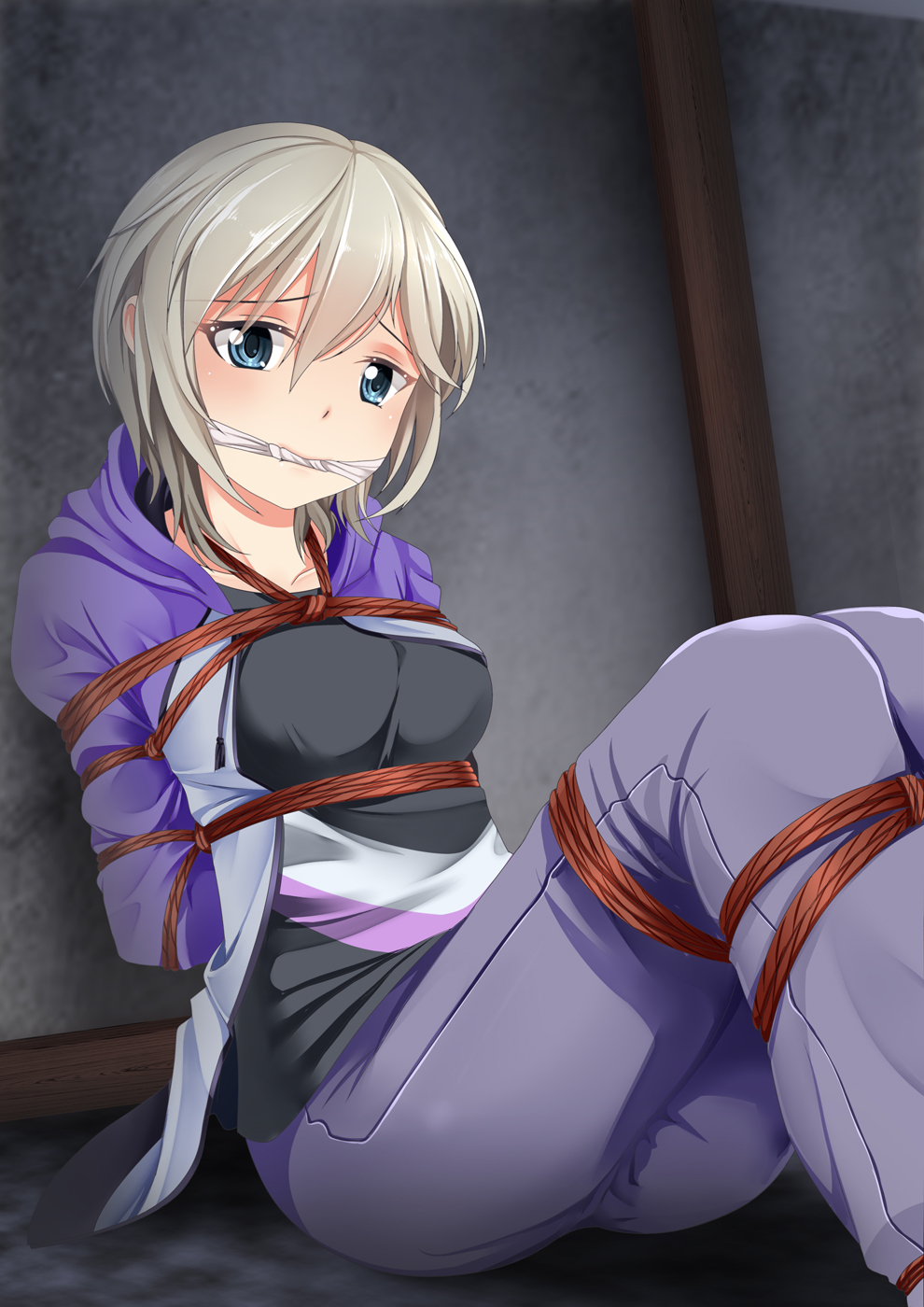 10s 1girl anastasia_(idolmaster) arms_behind_back bdsm blue_eyes blush bondage bound breast_bondage breasts cloth_gag collarbone female_focus gag gagged highres hood hoodie idolmaster idolmaster_cinderella_girls improvised_gag long_sleeves looking_at_viewer medium_breasts pants rope shibari shibari_over_clothes short_hair sitting solo white_hair yasume_yukito