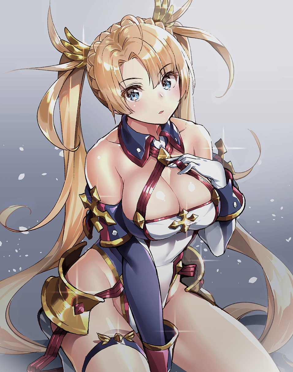 1girl ahoge blonde_hair blue_eyes bradamante_(fate) bradamante_(first_ascension)_(fate) breasts collarbone detached_sleeves fate/grand_order fate_(series) gloves hand_on_own_chest highres kneeling large_breasts looking_at_viewer parted_lips simple_background solo suishougensou twintails white_gloves