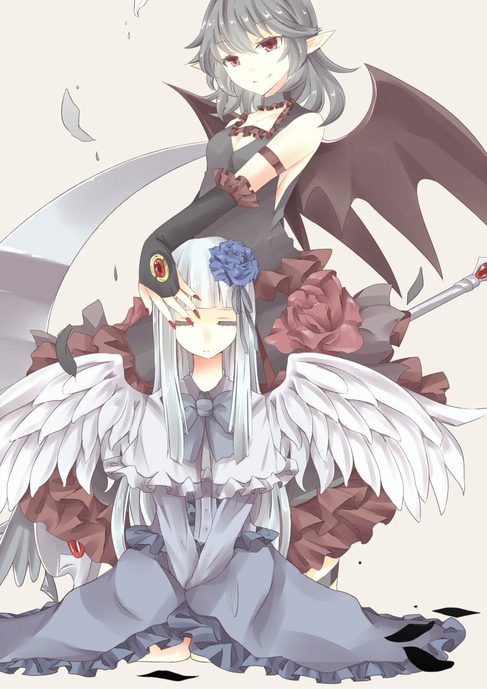 2girls angel angel_and_devil angel_wings bad_id bad_pixiv_id bat_wings black_dress black_gloves blue_dress demon_girl dress closed_eyes fingerless_gloves flower gauntlets gloves grey_eyes hair_flower hair_ornament hand_on_head highres hime_cut long_hair multiple_girls original pasutel pointy_ears red_eyes scythe short_hair silver_hair sleeveless sleeveless_dress smile standing wings