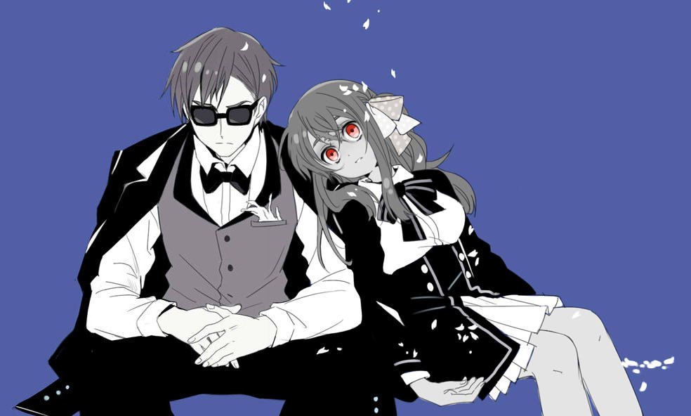 1boy 1girl ahoge blue_background bow breasts collared_shirt crossed_bangs facing_viewer falling_petals ga greyscale hair_bow jacket jacket_on_shoulders leaning_on_person medium_breasts minamoto_sakura monochrome own_hands_together partially_colored petals polka_dot polka_dot_bow red_eyes shirt short_hair side_ponytail simple_background sitting sunglasses tatsumi_koutarou vest waistcoat zombie