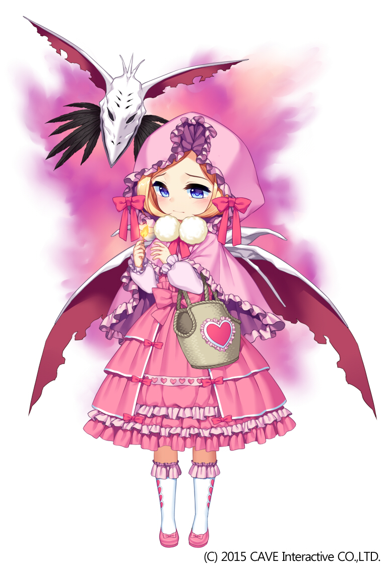 1girl bag basket blonde_hair blue_eyes bow cape deathsmiles deathsmiles_2 dress elbow_carry female_focus frilled_dress frills full_body gothic_wa_mahou_otome handbag heart hood jenevan kneehighs layered_dress lolita_fashion looking_at_viewer matches monster pink_background pink_bow pink_dress pink_footwear pink_theme pom_pom_(clothes) shawl shoes short_hair socks solo standing supi_(gothic_wa_mahou_otome) sweet_lolita white_socks