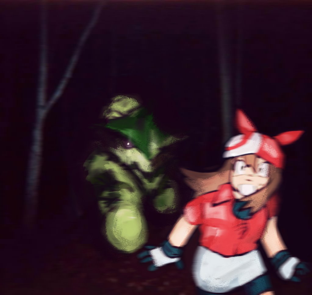 1girl 2024_pokemon_teraleak :o bandana beta_design bike_shorts blue_eyes branch brown_hair cacturne cacturne_(prototype) chasing chipichipi01 creatures_(company) creepy creepypasta dark_background game_freak gen_3_pokemon gloves hair_over_one_eye hairband horrified horror_(theme) may_(pokemon) monster nintendo open_mouth outdoors parody pokemon pokemon_(creature) pokemon_rse pokemon_rse_(prototype) prototype_design scared short_hair