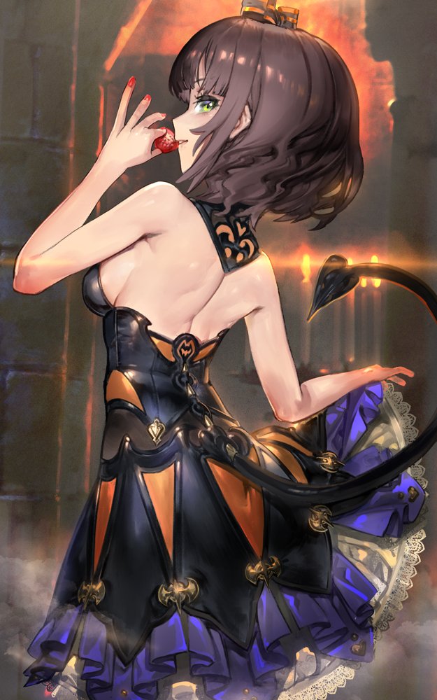 1girl asuka_hina back backless_dress backless_outfit bare_arms black_dress black_tail blunt_bangs blurry breasts brown_hair candelabra candlestand commentary_request cowboy_shot demon_tail depth_of_field detached_collar dress eating food fruit green_eyes halloween_costume hat holding holding_food holding_fruit iteranima layered_dress looking_at_viewer looking_to_the_side medium_breasts medium_dress medium_hair mini_hat multicolored_clothes multicolored_dress nail_polish nijisanji orange_dress parted_lips pillar pleated_dress profile purple_dress red_nails sideboob sidelocks skirt_hold sleeveless sleeveless_dress smile solo stone_pillar strawberry tail virtual_youtuber wavy_hair