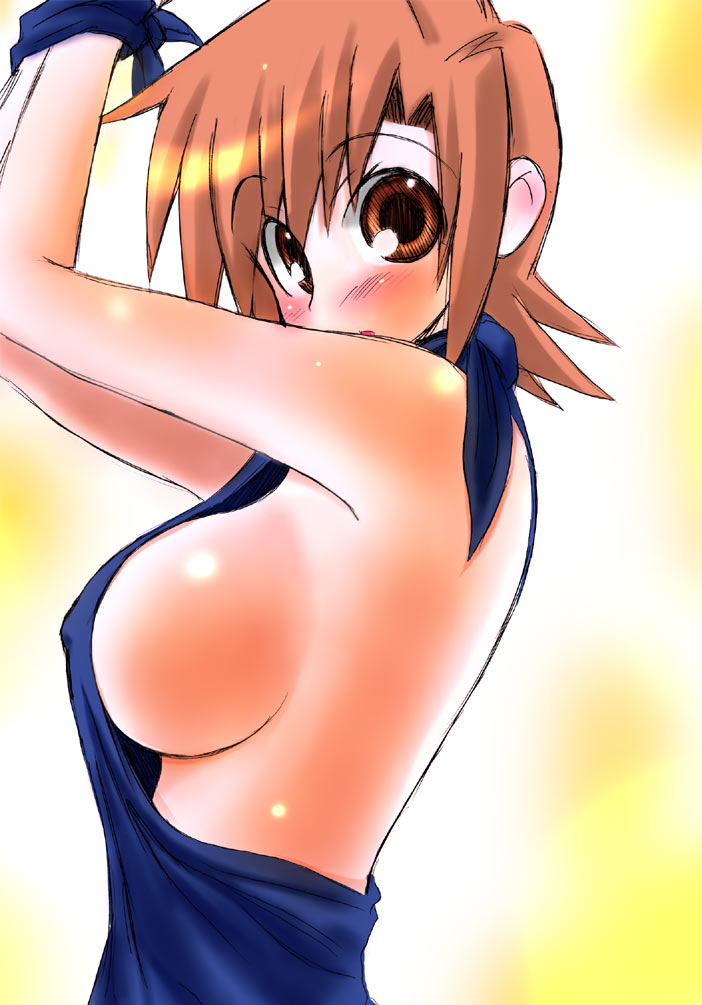 1girl arms_up bdsm blush breasts brown_eyes brown_hair female_focus ga_geijutsuka_art_design_class gradient_background large_breasts nipples nozaki_namiko open_mouth short_hair sideboob solo sugina_fujitaka