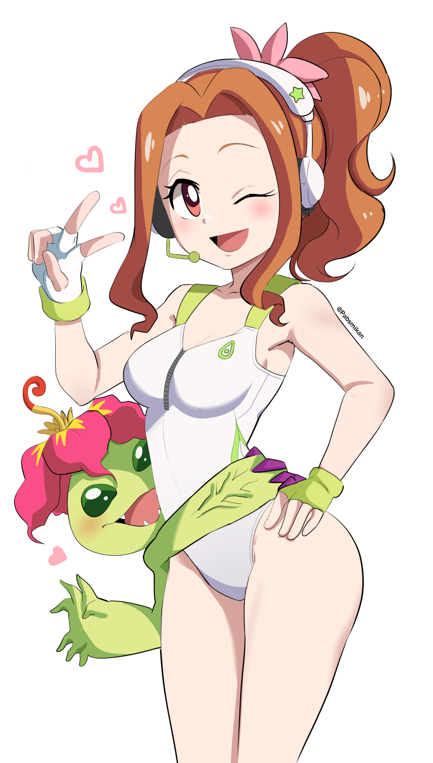 2girls blush brown_eyes brown_hair digimon digimon_(creature) digimon_adventure:_(2020) flower highres leotard long_hair monster_girl multiple_girls one_eye_closed pabsmikan palmon petals plant_girl sharp_teeth tachikawa_mimi teeth wide_hips wink