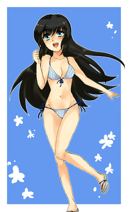 1girl bikini black_hair blue_eyes female_focus front-tie_bikini_top front-tie_top fuku_h_hiroko gensou_suikoden gensou_suikoden_i gensou_suikoden_ii gensou_suikoden_iii gensou_suikoden_iv gensou_suikoden_v long_hair open_mouth sandals side-tie_bikini_bottom solo swimsuit viki