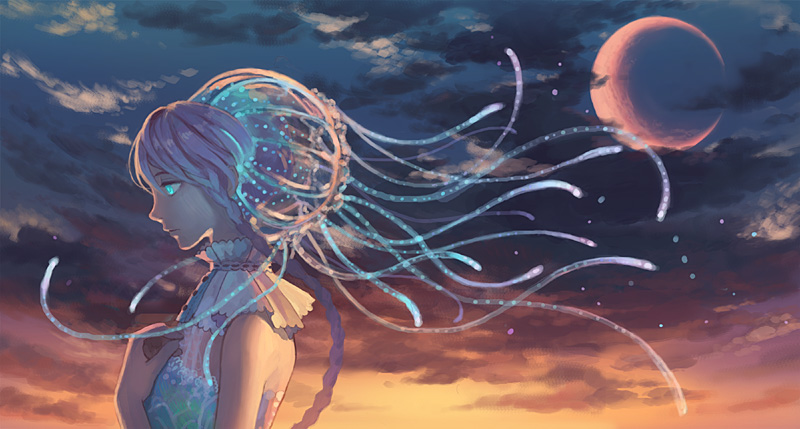 1girl blue_eyes cloud crescent_moon female_focus glowing glowing_eyes hiko_(scape) jellyfish long_hair moon original solo sunset