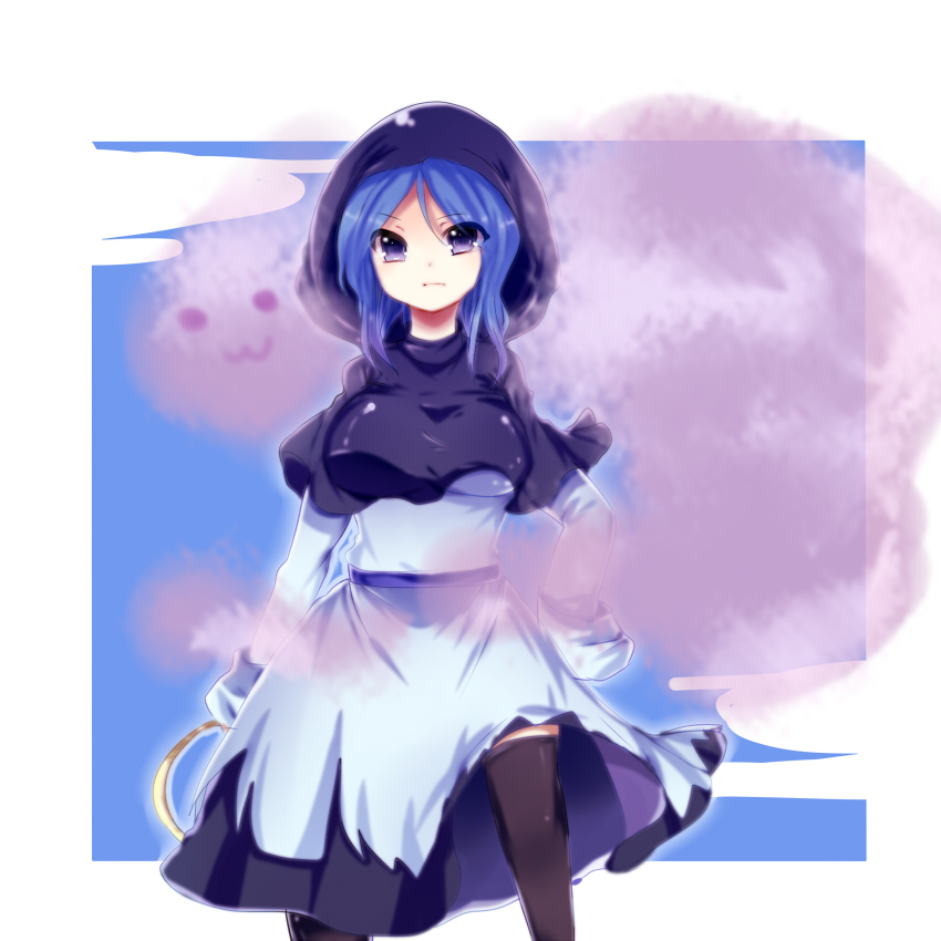 1girl :3 bad_id bad_pixiv_id black_thighhighs blue_dress blue_hair dress female_focus hood kumoi_ichirin purple_eyes solo thighhighs tikuwakure touhou uiroutsuji_yumihiko unzan zettai_ryouiki