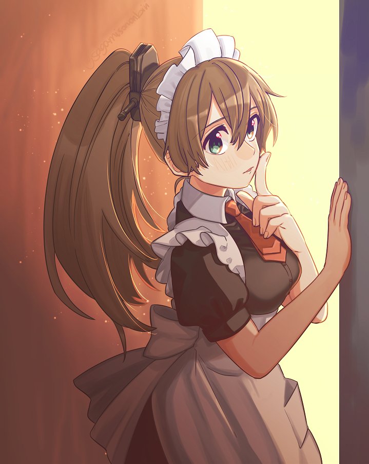 1girl alternate_costume apron ascot black_dress blue_eyes breasts brown_hair dress enmaided frilled_apron frills hair_ornament index_finger_raised kantai_collection kumano_(kancolle) lips long_hair maid maid_headdress medium_breasts ponytail red_ascot sagamiso solo white_apron