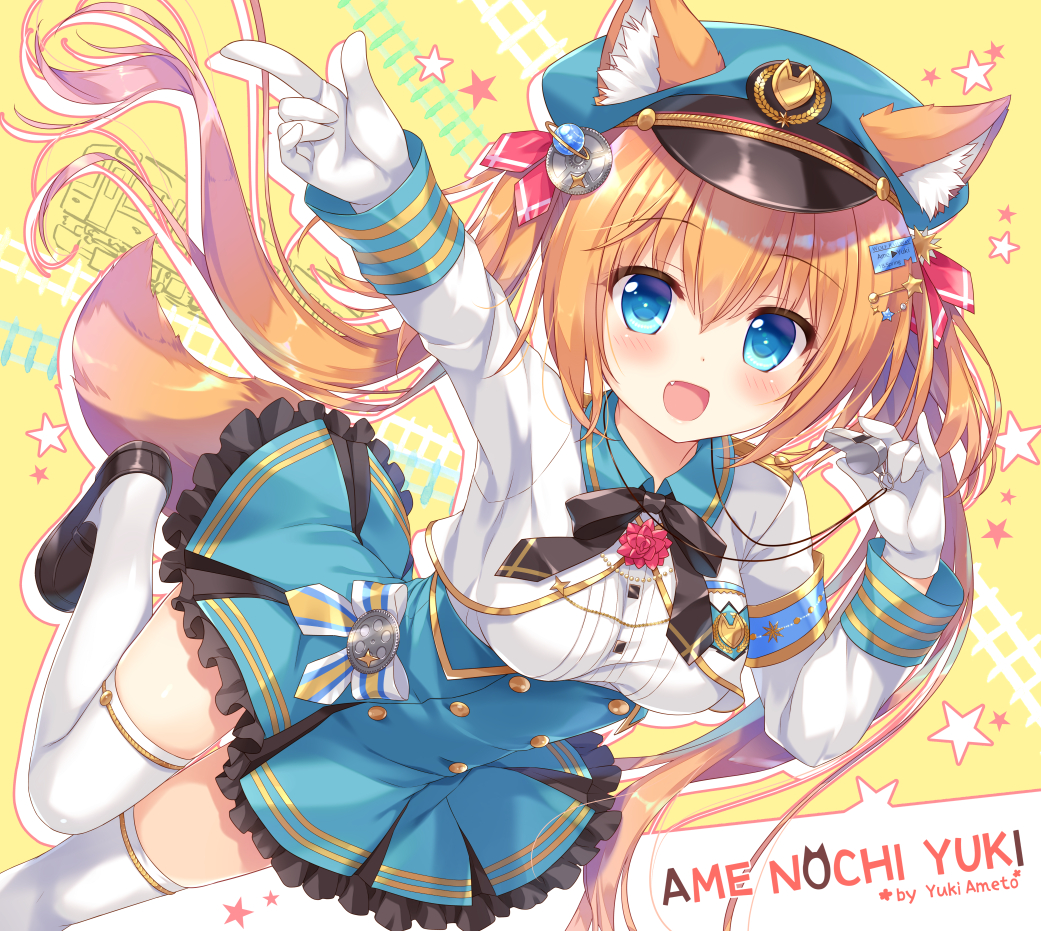 1girl :d ameto_yuki animal_ear_fluff animal_ears artist_name black_footwear blue_eyes blue_hat blue_skirt blush breasts brown_hair collared_shirt commentary_request dog_ears dog_girl dog_tail ears_through_headwear fang female_focus frilled_skirt frills gloves hair_between_eyes hair_ornament hair_ribbon hairpin hat high-waist_skirt index_finger_raised loafers long_hair long_sleeves medium_breasts open_mouth original outstretched_arm peaked_cap pleated_skirt railroad_tracks red_ribbon ribbon shirt shoes skirt smile solo star_(symbol) star_hair_ornament tail thighhighs twintails uniform very_long_hair white_gloves white_shirt white_thighhighs