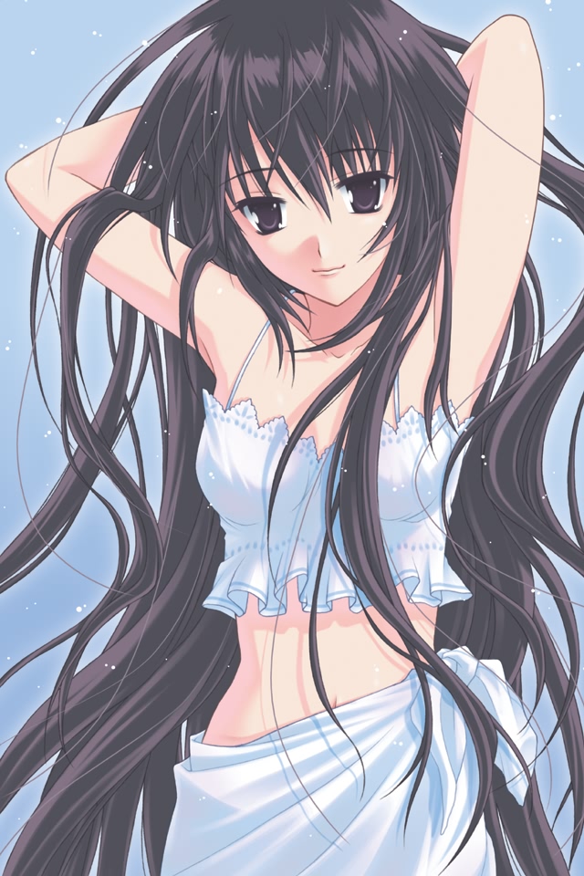 1girl armpits arms_behind_head black_hair brown_eyes camisole ever_17 female_focus komachi_tsugumi lingerie long_hair messy_hair midriff smile solo takigawa_yuu underwear very_long_hair