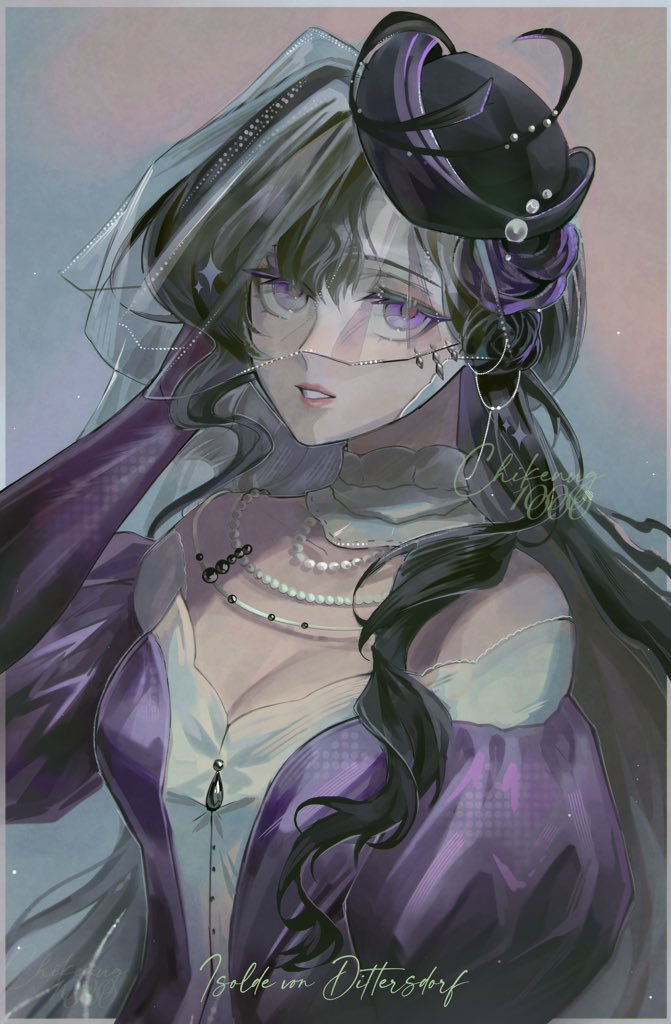 1girl bare_shoulders black_flower black_hair black_hat black_rose breasts character_name chikenug1000000 cleavage dress flower grey_background hand_in_own_hair hand_up hat hat_flower isolde_(reverse:1999) jewelry juliet_sleeves long_hair long_sleeves looking_at_viewer medium_breasts necklace off_shoulder parted_lips pearl_necklace pink_lips puffy_sleeves purple_dress purple_eyes purple_flower purple_rose reverse:1999 rose see-through_clothes see-through_veil solo teeth twitter_username two-tone_background upper_body veil very_long_hair wavy_hair