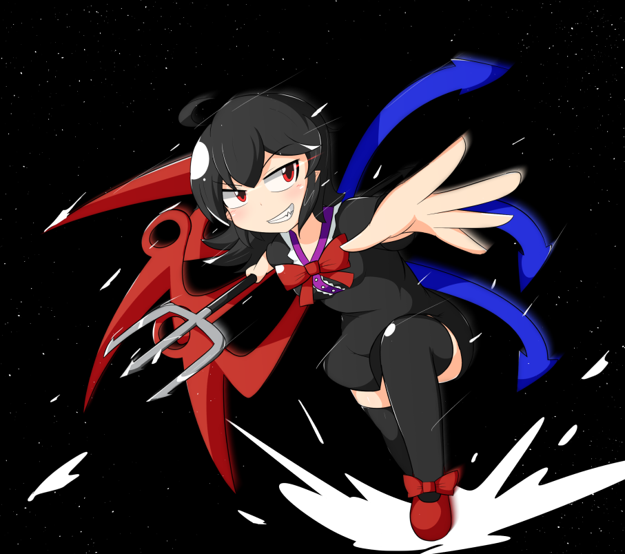 1girl ahoge asymmetrical_wings black_dress black_hair blush cocked_eyebrow dress female_focus foreshortening grin houjuu_nue looking_at_viewer manorea motion_lines polearm reaching reaching_towards_viewer red_eyes red_shoes shoes short_dress short_hair smile solo space thighhighs touhou trident weapon wings zettai_ryouiki