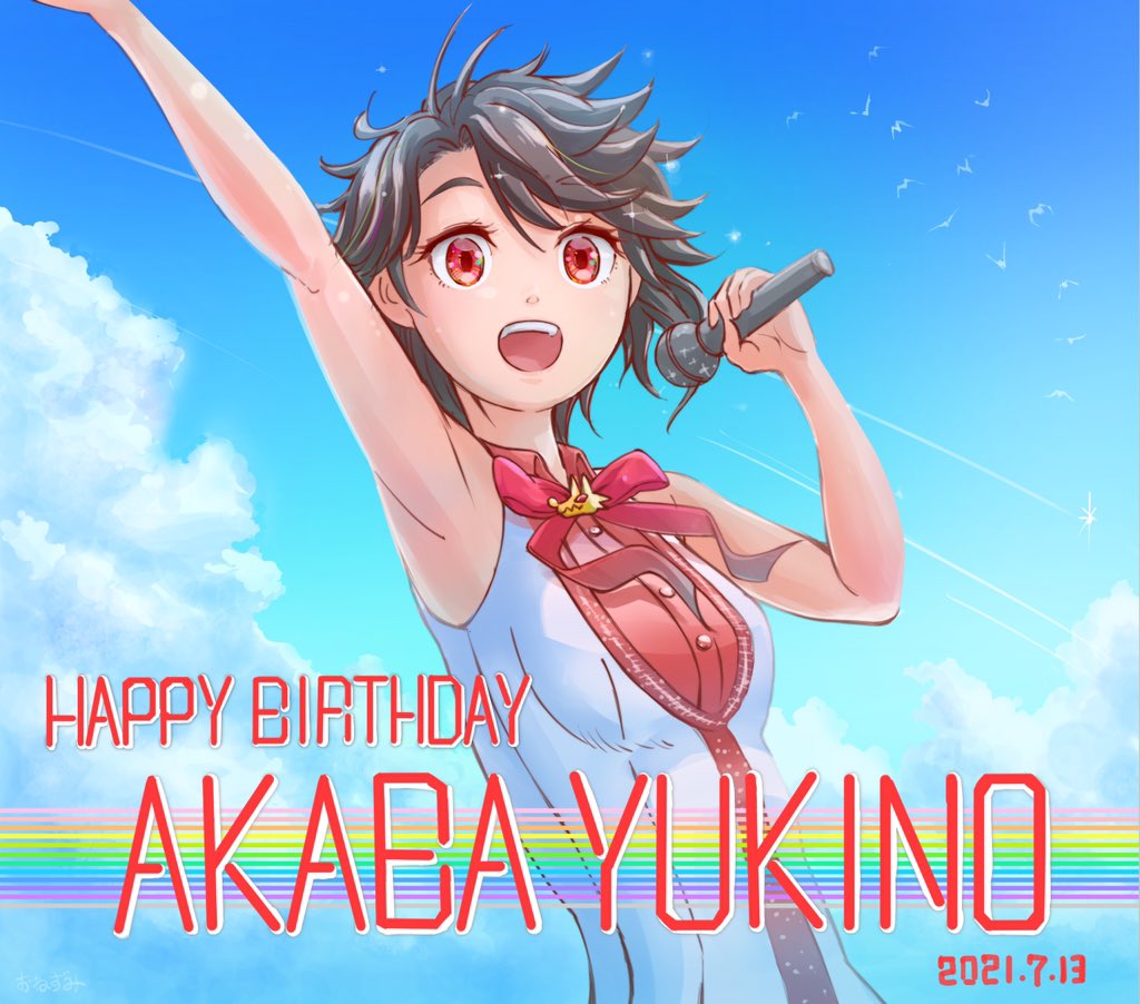 1girl akaba_yukino alternate_costume arm_up armpits bare_arms bare_shoulders bird black_hair blue_sky bow bowtie breasts character_name cloud collared_shirt commentary_request curtained_hair dated day dutch_angle gems_company hand_up happy_birthday holding holding_microphone looking_ahead medium_breasts microphone onezumi open_mouth outdoors parted_bangs raised_eyebrows red_bow red_bowtie red_eyes red_shirt shirt shooting_star short_hair sky sleeveless sleeveless_shirt solo sparkle teeth thick_eyelashes turning_head upper_body upper_teeth_only virtual_youtuber white_shirt wolf_ornament