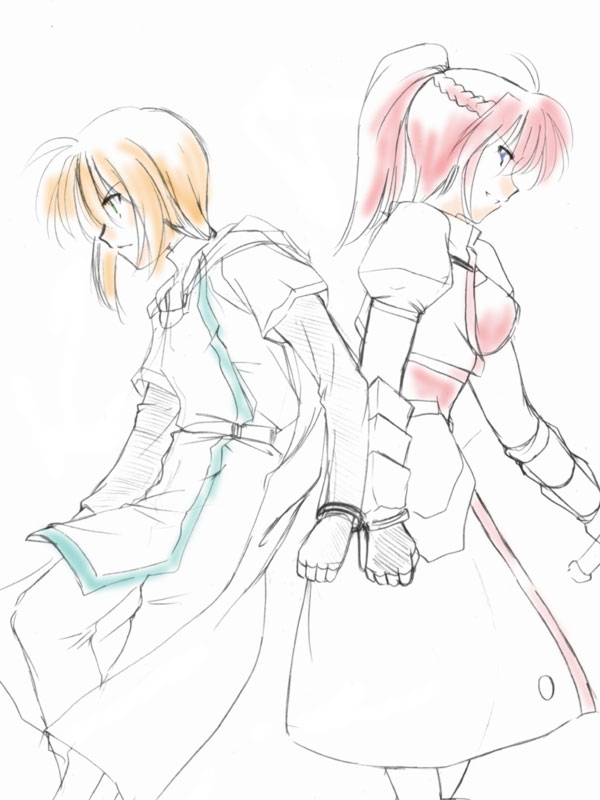 00s 1boy 1girl ahoge armor artist_request back-to-back blonde_hair blue_eyes cape cuffs gauntlets green_eyes handcuffed_together handcuffs long_sleeves lyrical_nanoha mahou_shoujo_lyrical_nanoha mahou_shoujo_lyrical_nanoha_strikers pink_hair ponytail signum sword tunic weapon yuuno_scrya